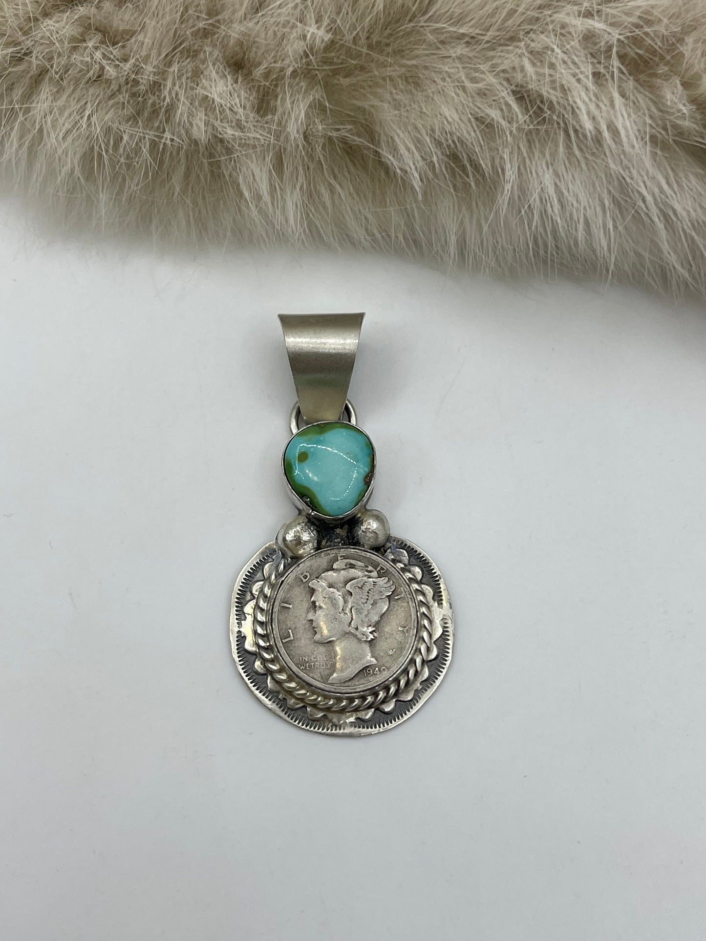1940 Silver Mercury Dime with Sonoran Gold Turquoise by Harold Joe, Navajo