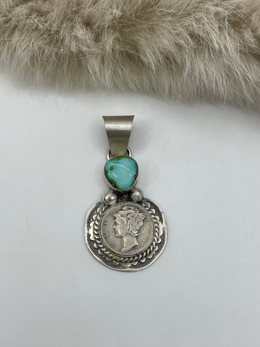 1940 Silver Mercury Dime with Sonoran Gold Turquoise by Harold Joe, Navajo