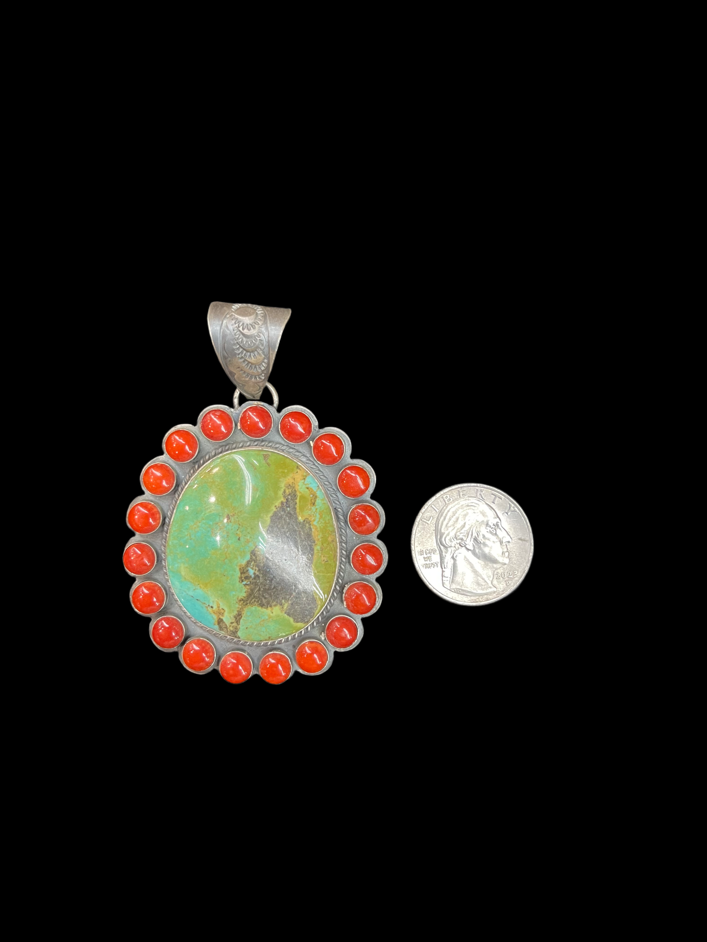 Royston Turquoise and Red Coral Pendant by Gilbert Platero, Navajo