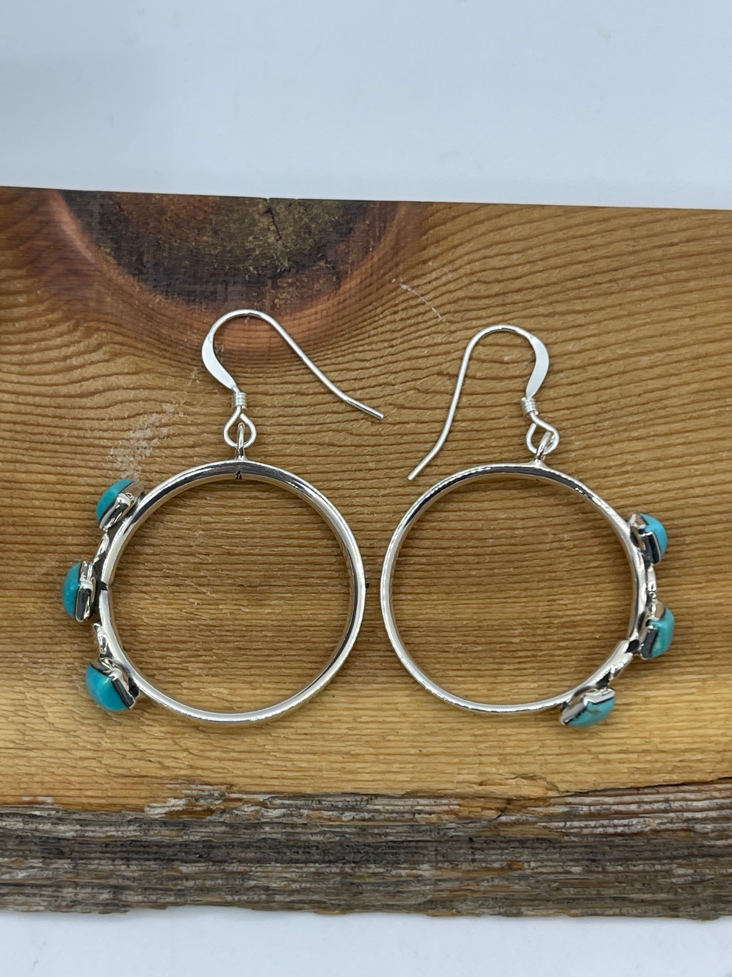 3 Stone Turquoise Dangle Hoop Earrings by Phyllis Smith, Navajo