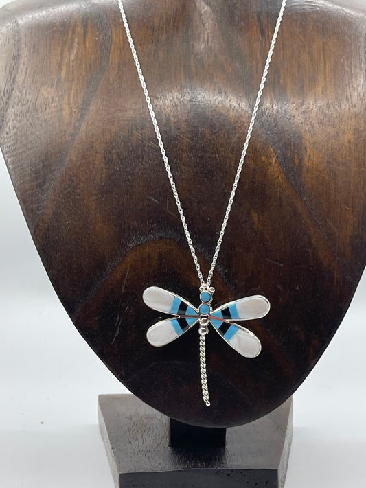 18" Black Onyx, Mother of Pearl, and Turquoise Inlay Necklace Pin/Pendant Combo by Angus Ahiyite, Navajo