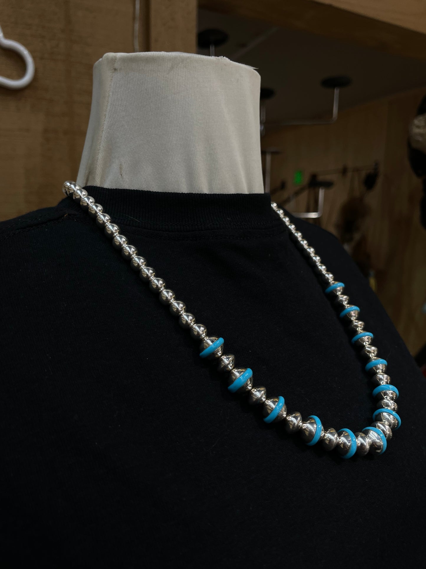 24" 8mm-12mm High Shine Navajo Pearls and Sleeping Beauty Turquoise Necklace and Dangle Earrings Set