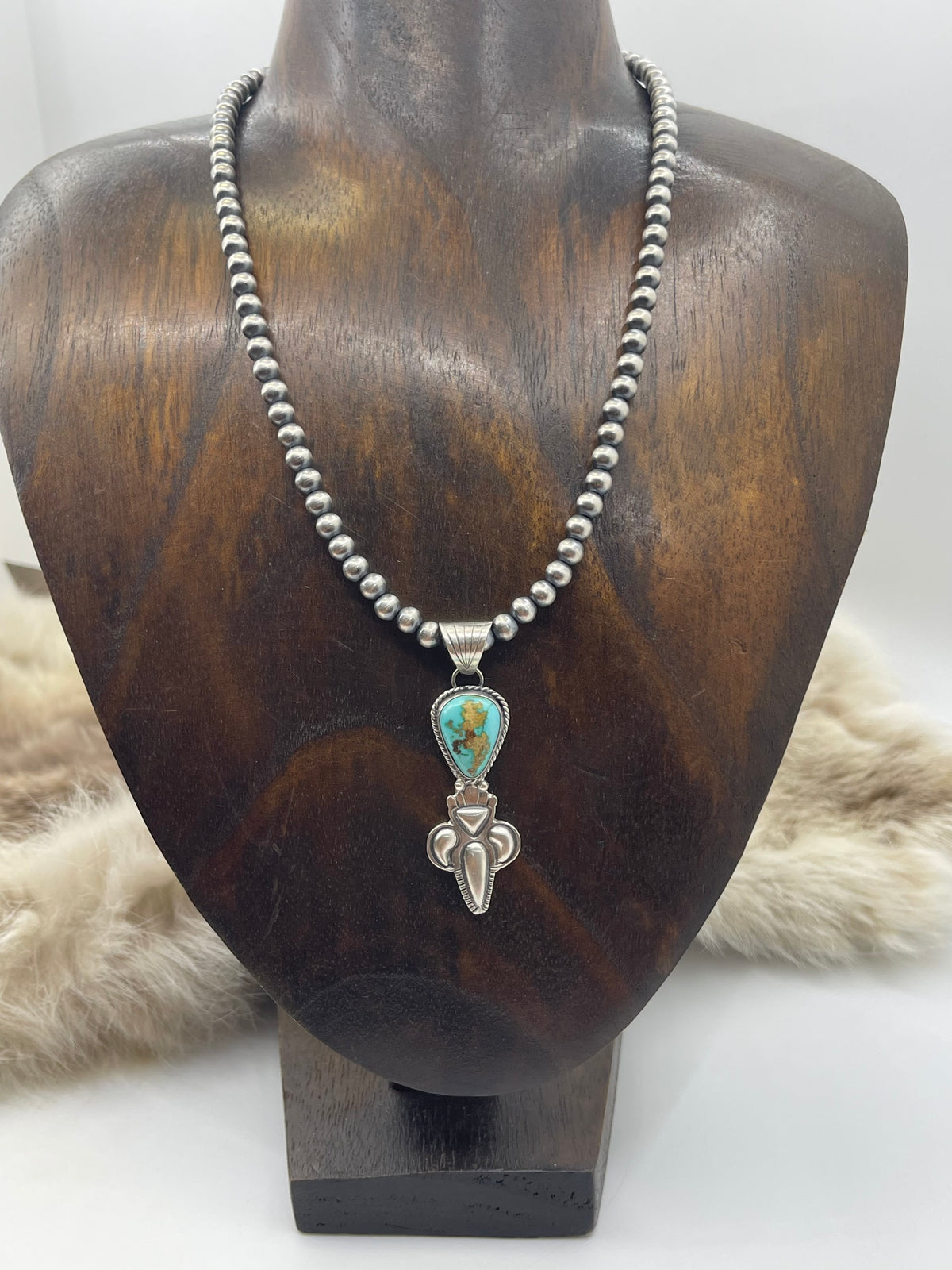 16” 5mm Navajo Style Pearls Sonoran Gold Turquoise Pendant by Gary Shorty, Navajo