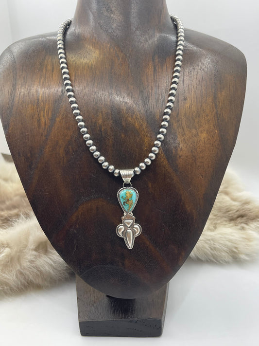 16” 5mm Navajo Style Pearls Sonoran Gold Turquoise Pendant by Gary Shorty, Navajo