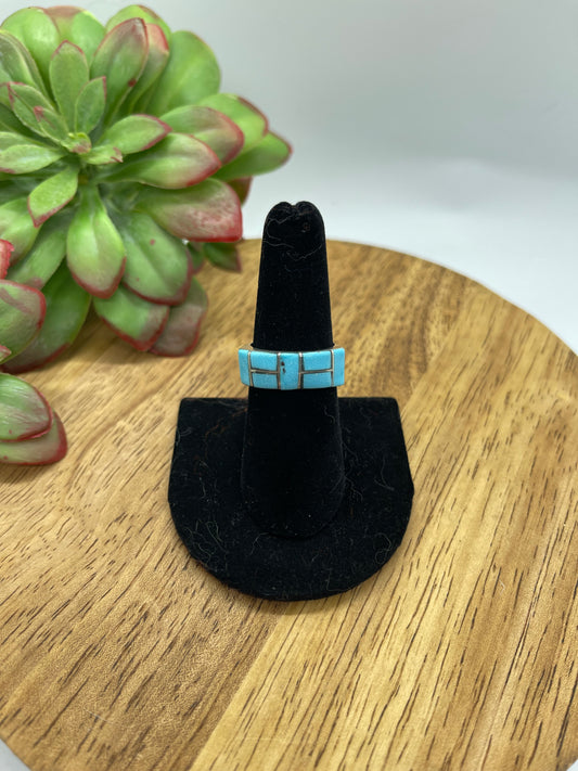 7.0 Sleeping Beauty Turquoise Inlay Ring by Verna Kanesta, Zuni