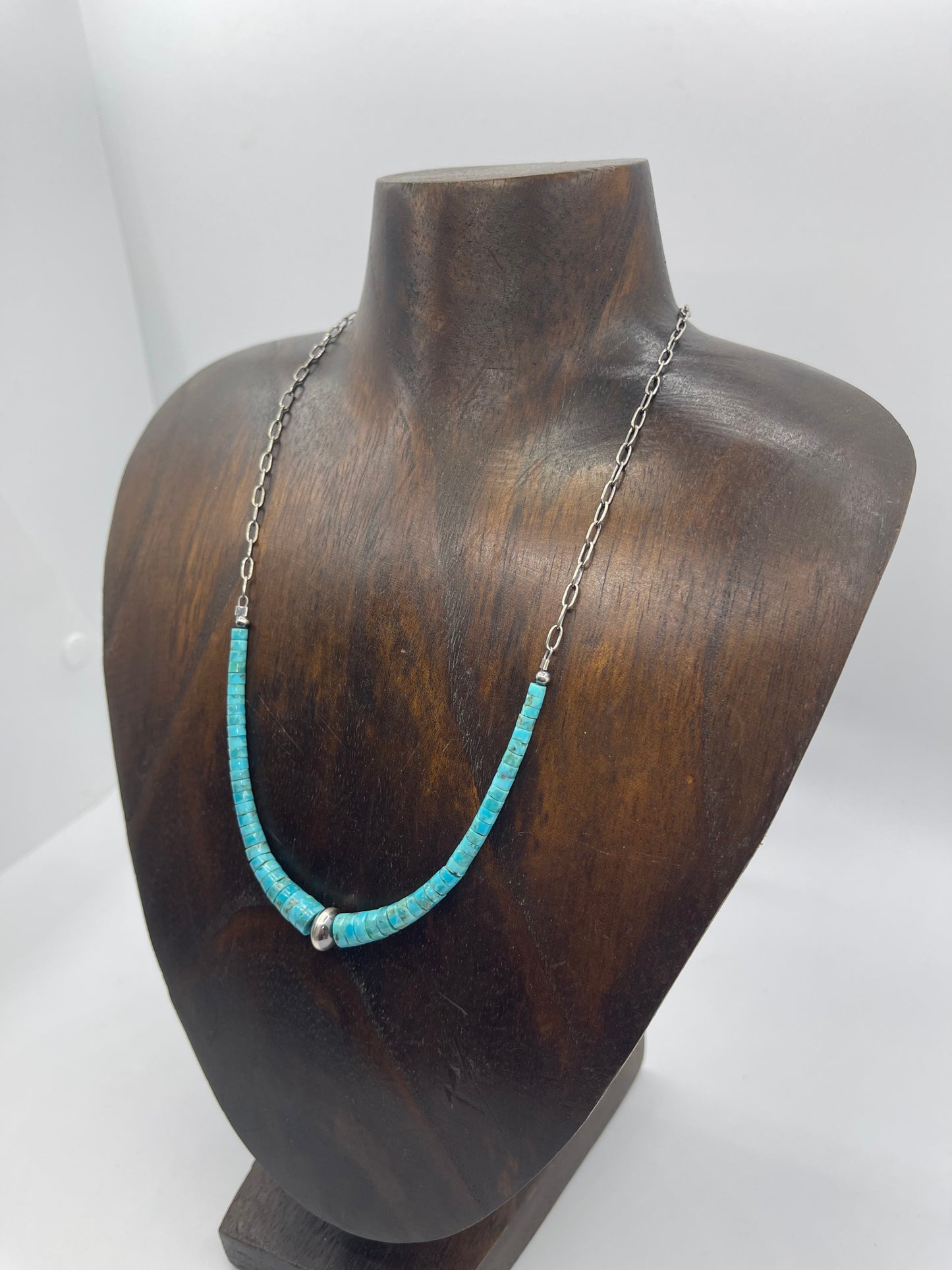 17" Graduated Turquoise Heishi Bead with Navajo Style Pearl Necklace on Paperclip Chain
