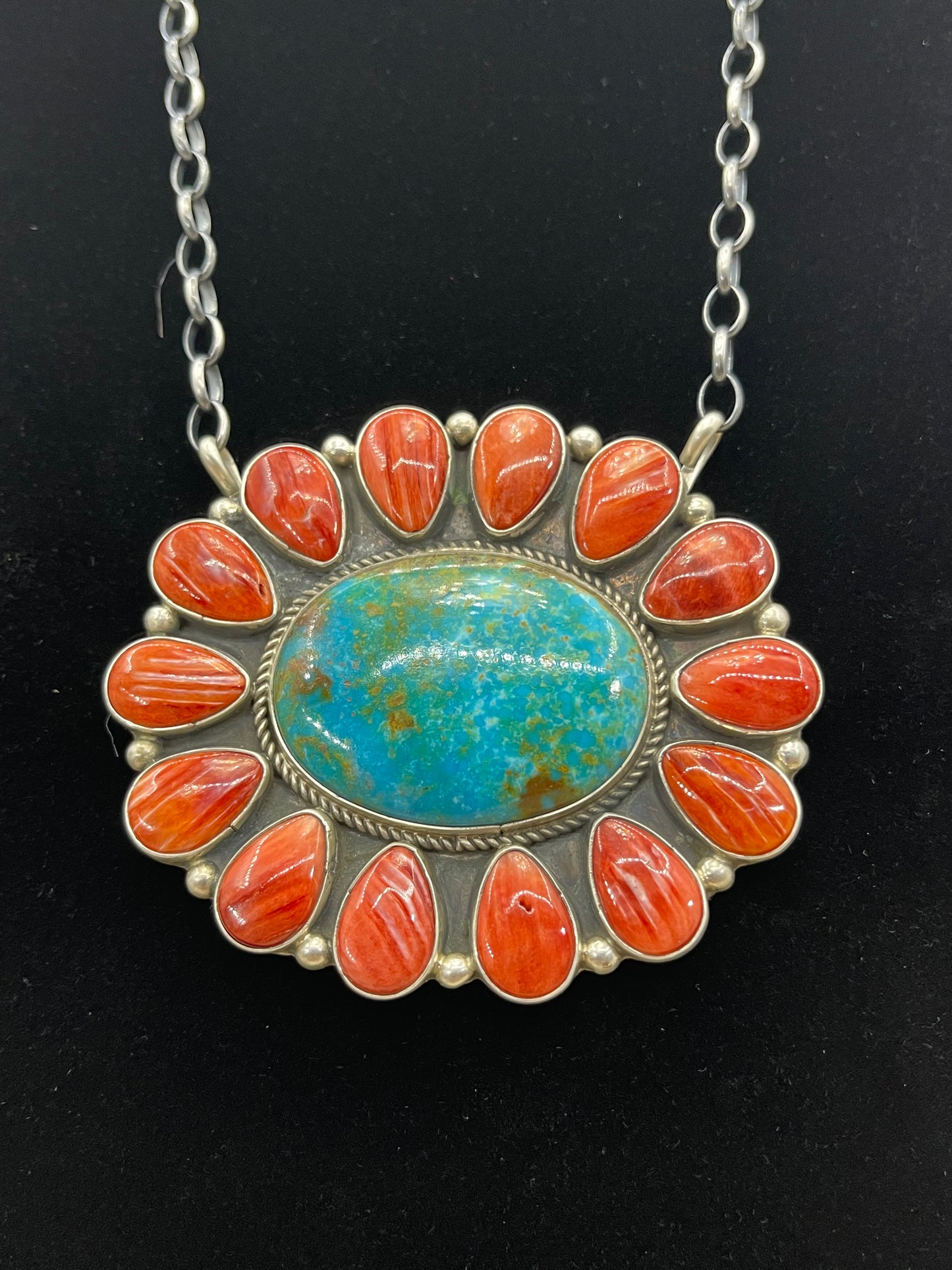 16" Red Spiny Oyster & Turquoise Cluster Necklace
