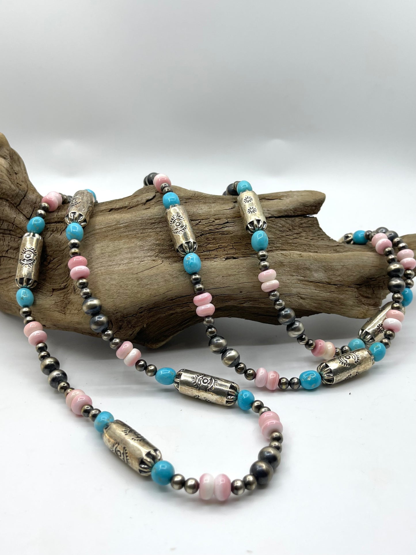 58" Pink Conch Shell and Sleeping Beauty Nugget Necklace with Navajo Style Pearls