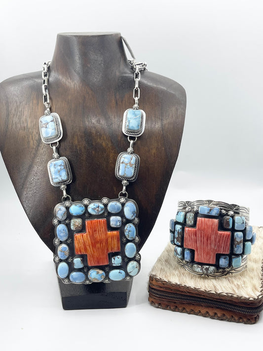 Golden Hills Turquoise and Orange Spiny Necklace with a Matching Cuff by Gabby Jurado, Mexican