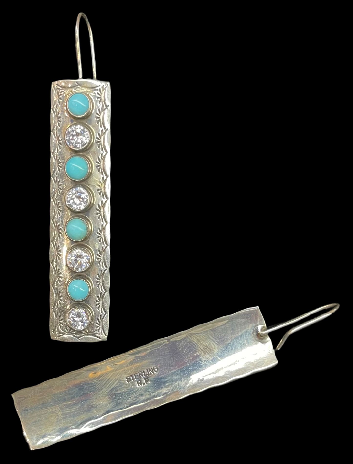 Kingman Turquoise and CZ Crystal Dangle Earrings by Renell Perry, Navajo