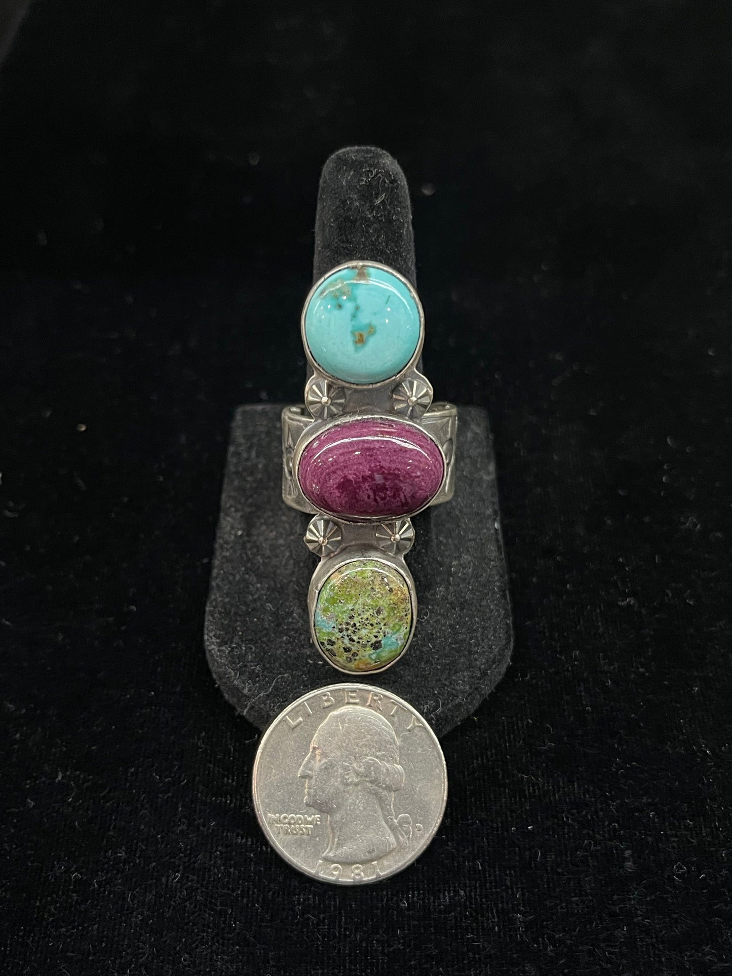 9.5 Turquoise and Purple Spiny Oyster Shell 3 Stone Ring by Boyd Ashley, Navajo