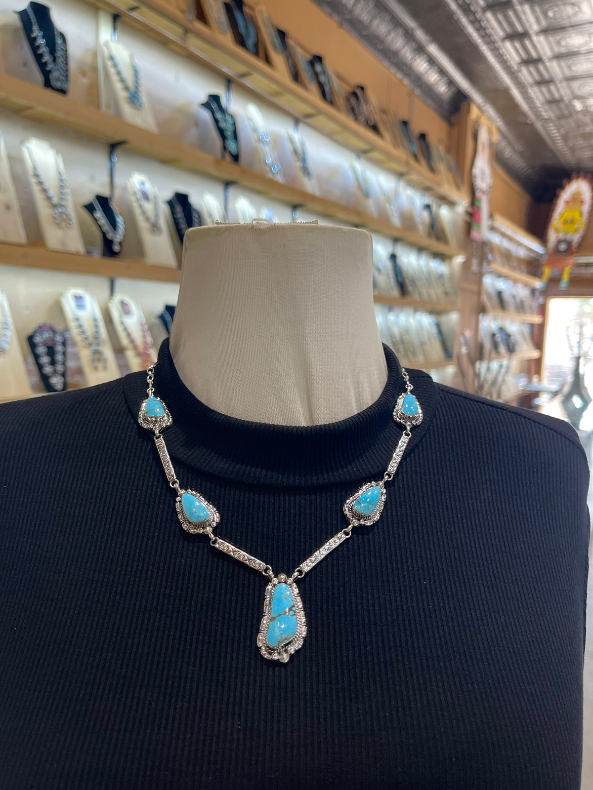 LOT 10 9/6 20" 5 Stone Turquoise Necklace by Sarah Yazzie, Navajo