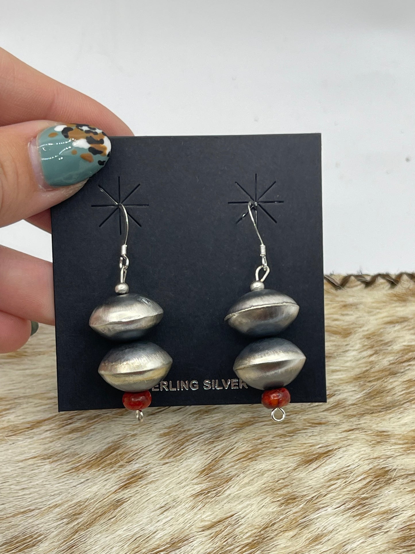 Handmade Navajo Pearl Coral Dangle Earrings by Tysha Aparicio, Navajo