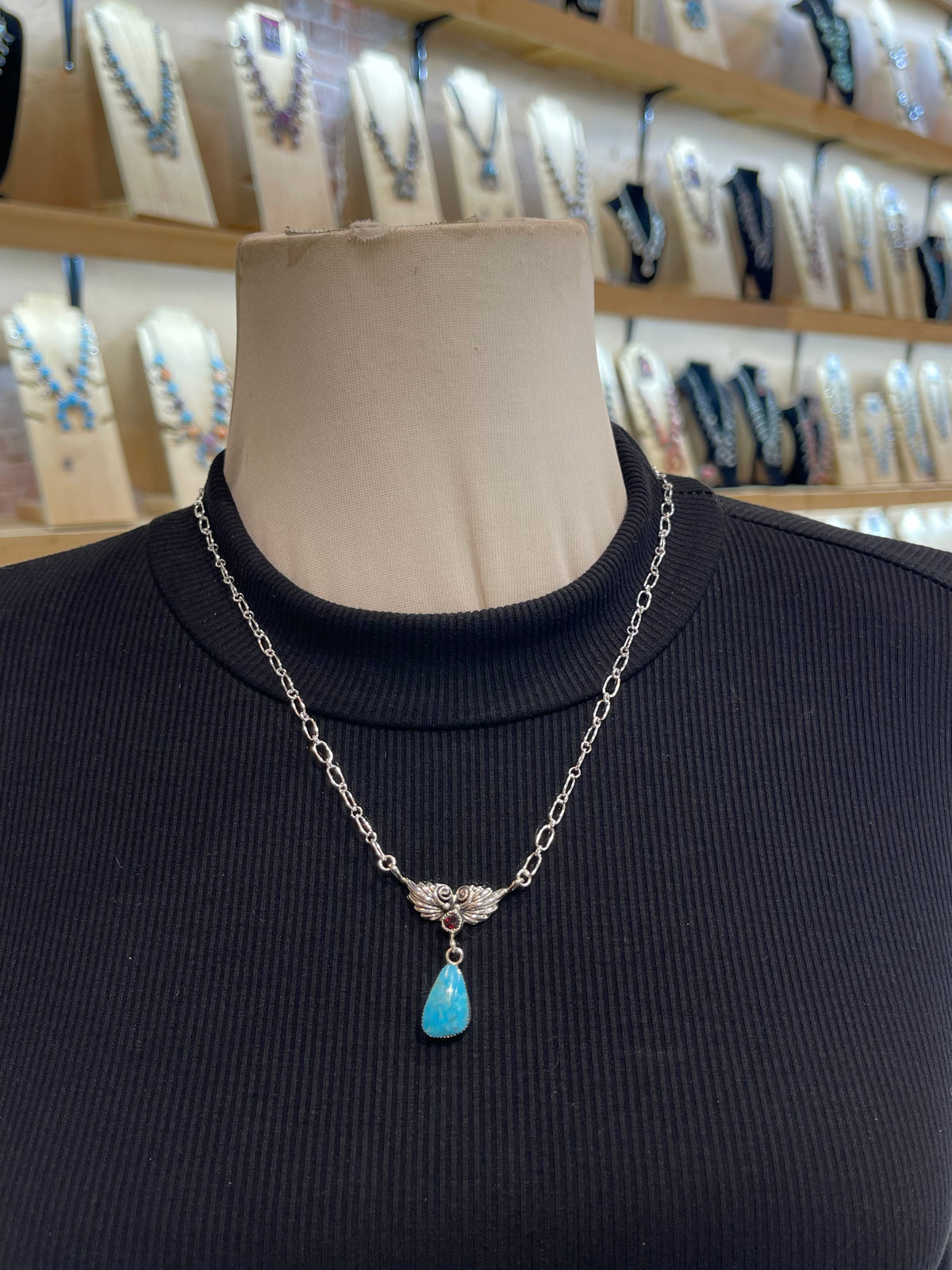 20" Turquoise with Garnet Necklace by Mike Smith, Navajo