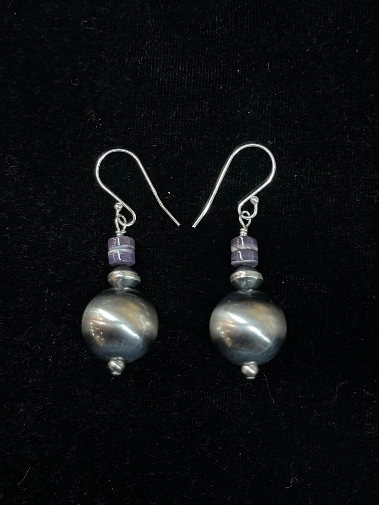 14mm Silver Pearls and Purple Spiny Oyster Dangle Earrings