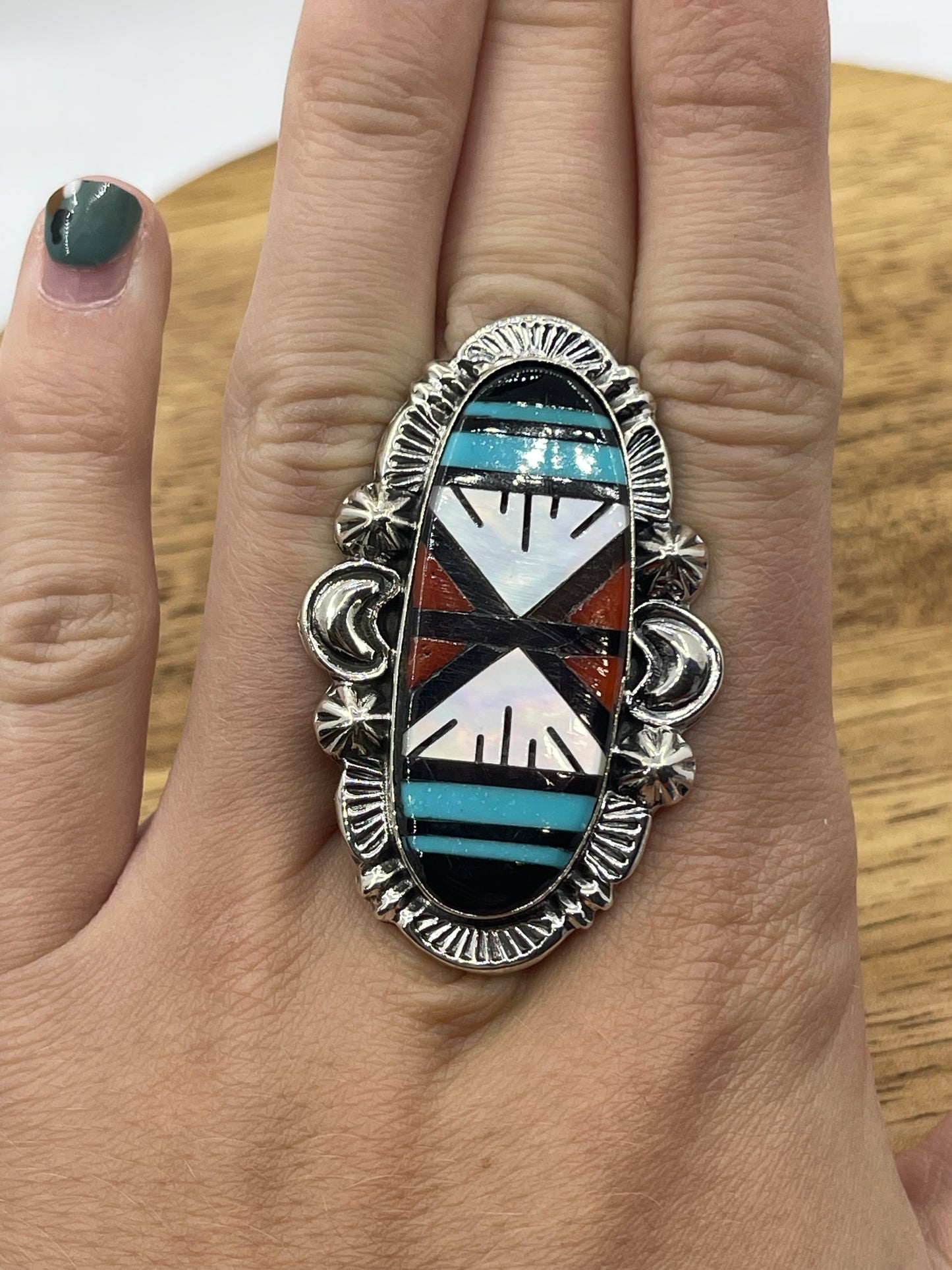 6.0 Inlay Turquoise, Coral, Onyx, and Pearl Ring by Leslie and Gladys Lamy, Zuni