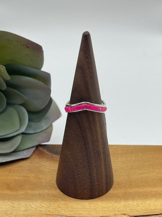 5.5 Hot Pink Opal Inlay Chevron Ring by Jamie Johnson, Navajo
