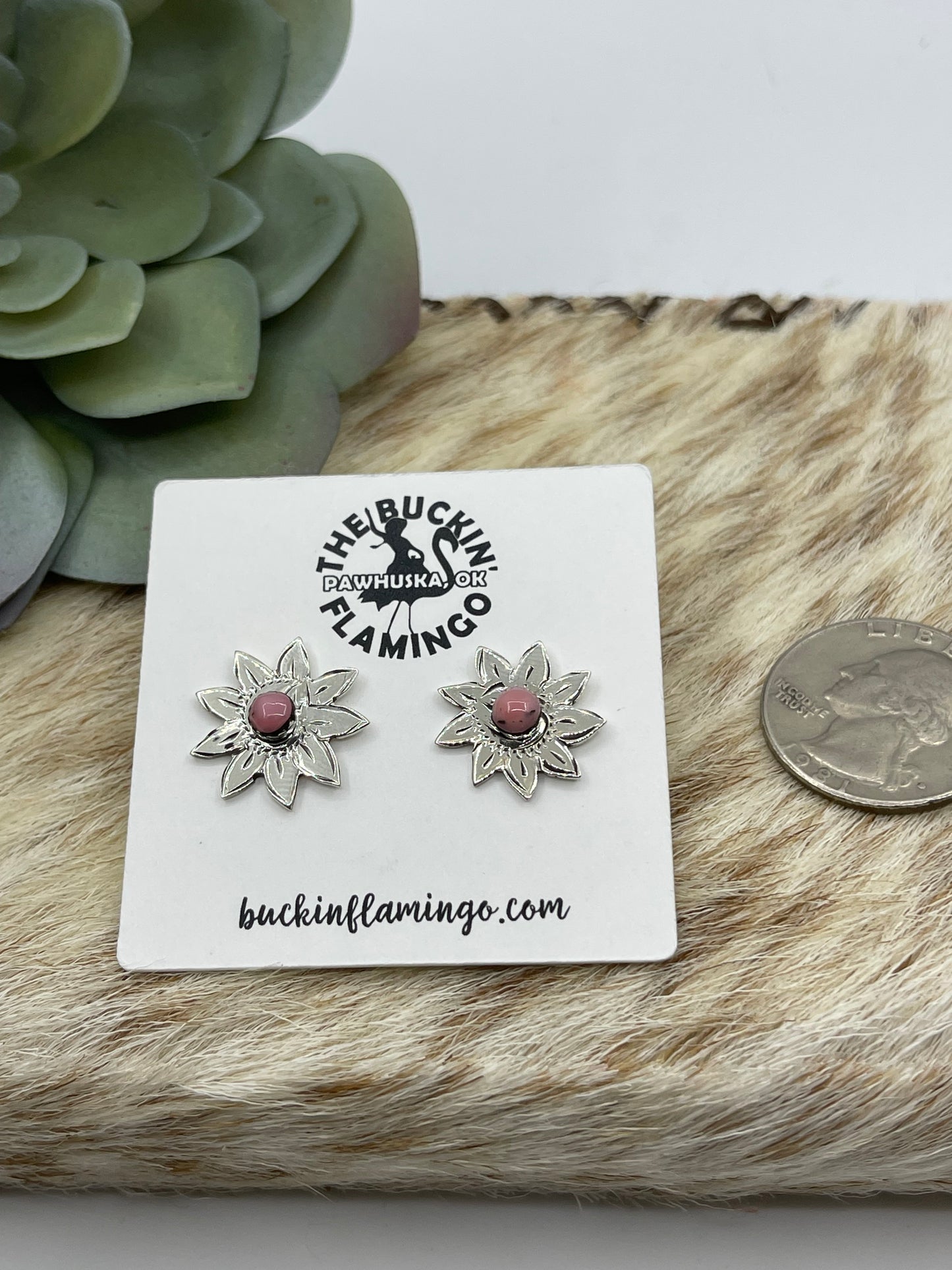 Pink Conch Sunflower Post Earrings by Sonyei Coho, Navajo