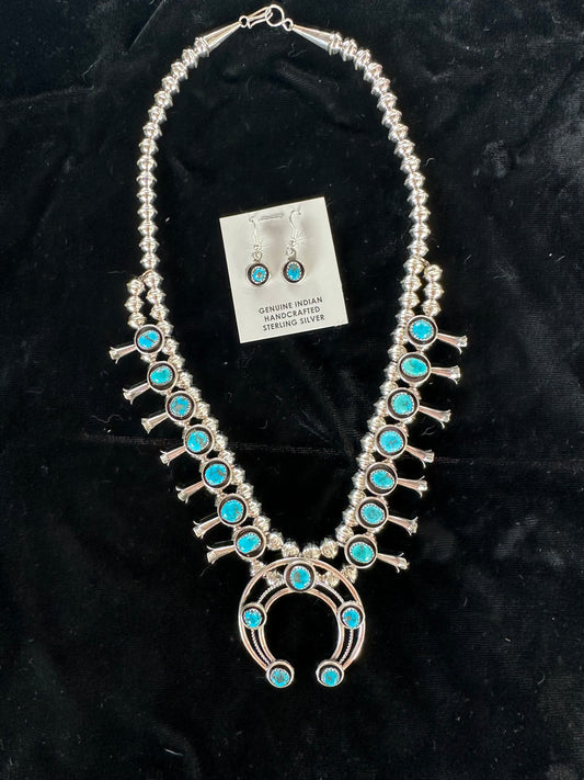 Kingman Turquoise 20" Squash Blossom and Earrings
