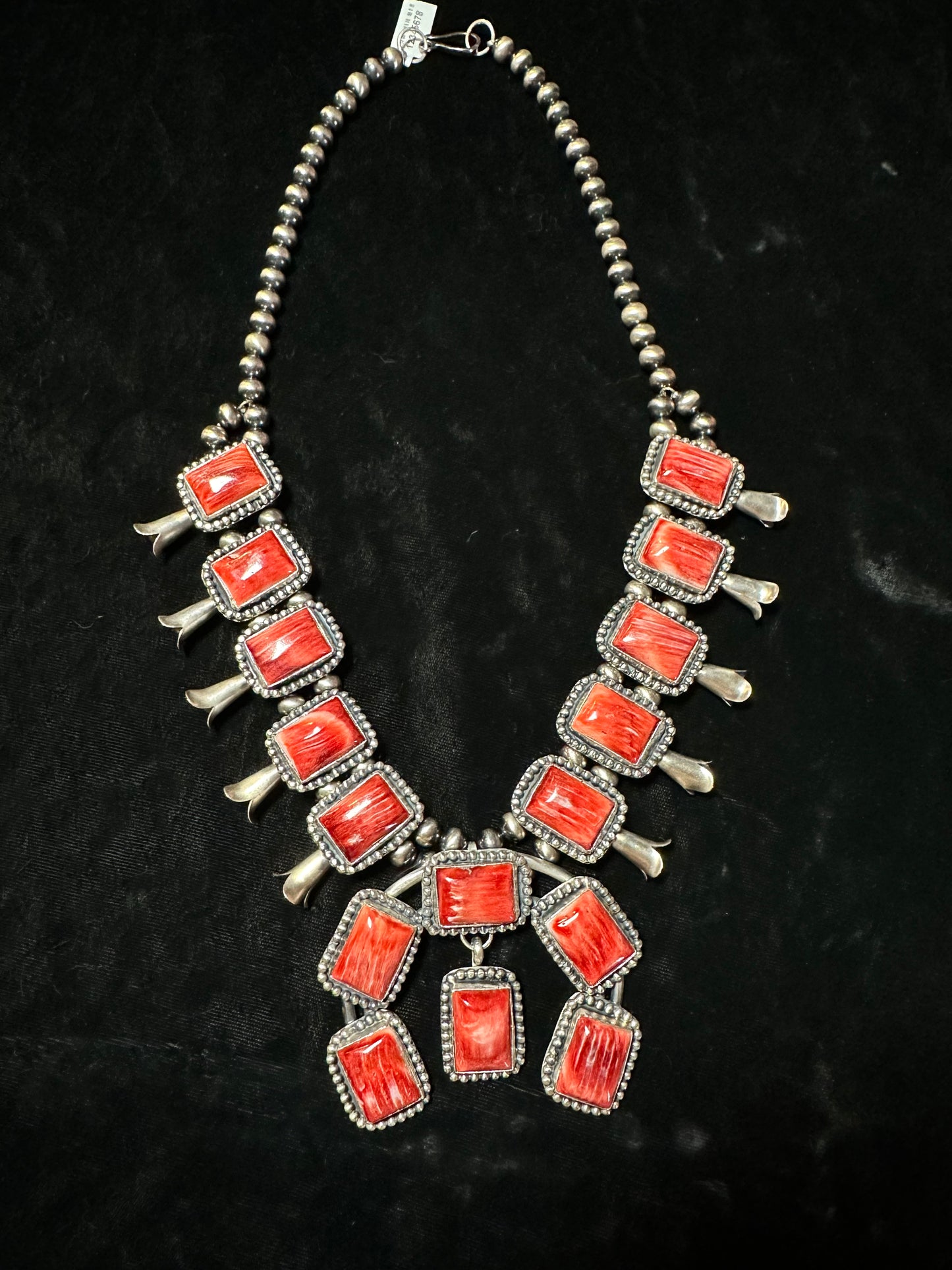 LOT 11 11/3 Red Spiny Oyster Squash Blossom Necklace by Gilbert Nez Navajo