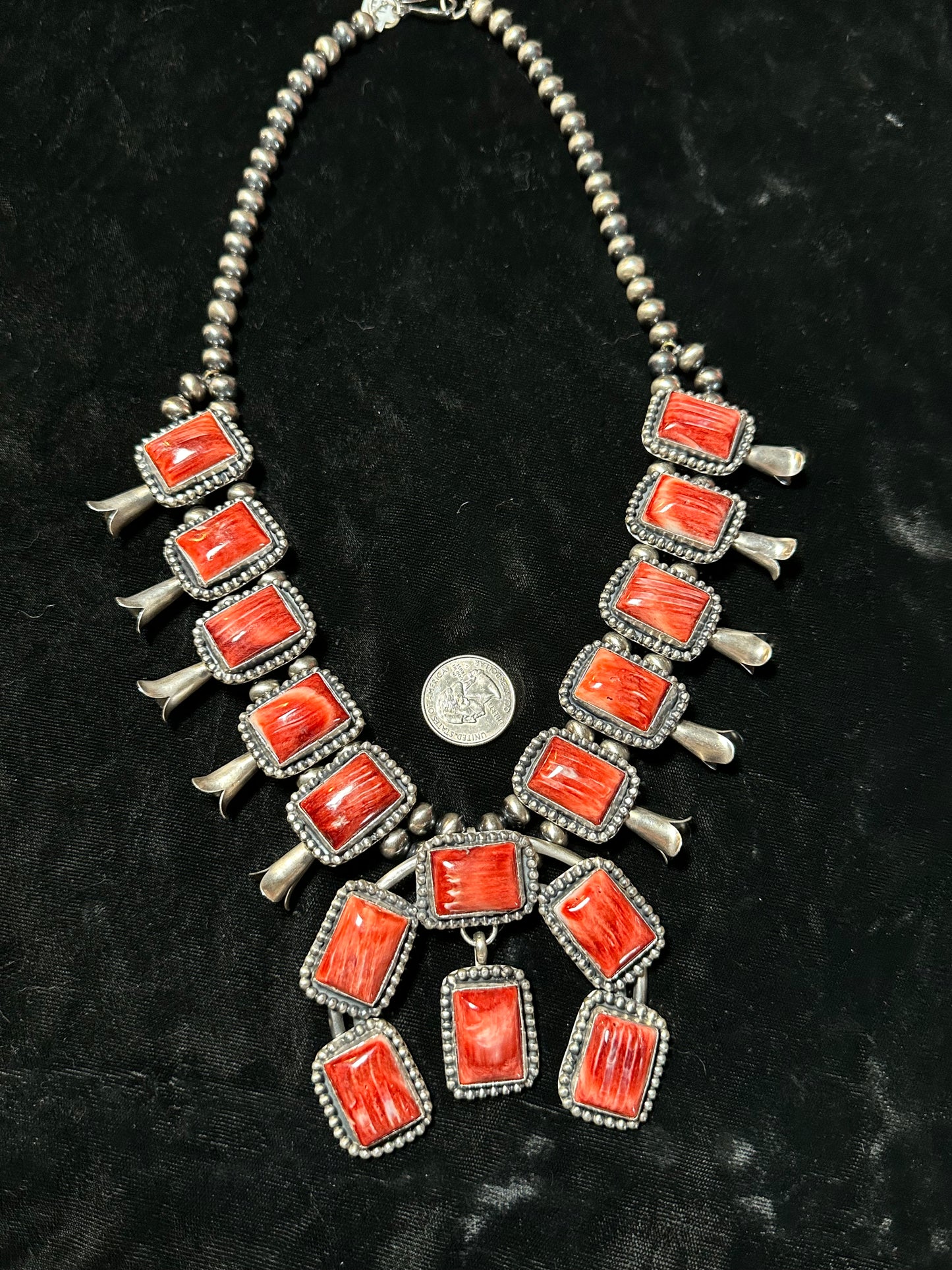 LOT 11 11/3 Red Spiny Oyster Squash Blossom Necklace by Gilbert Nez Navajo