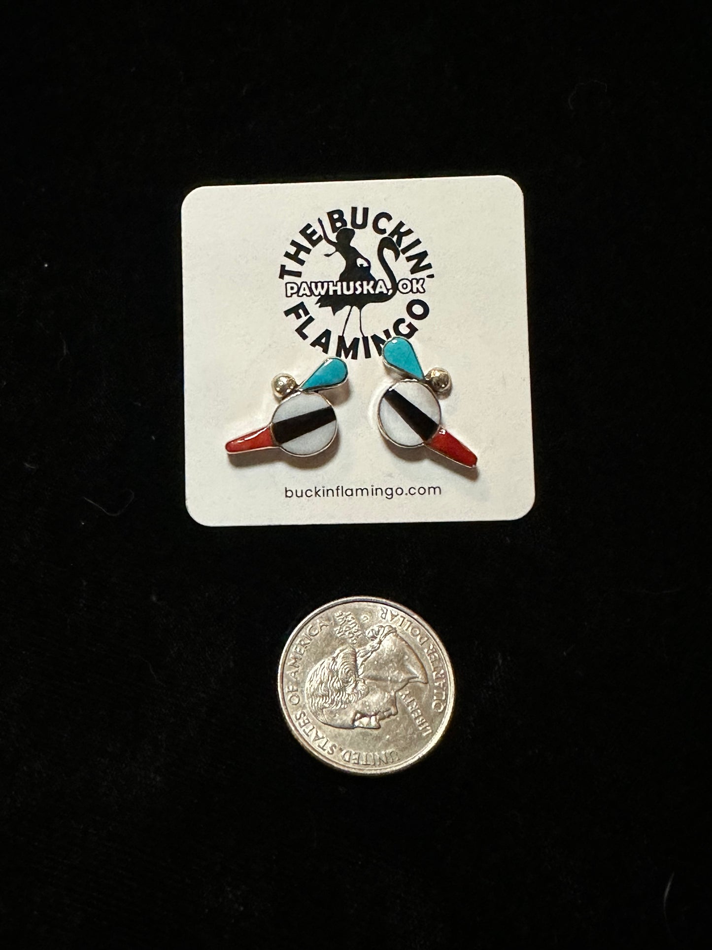 Mother Of Pearl Turquoise, Onyx, And Coral Inlay Earrings Zuni