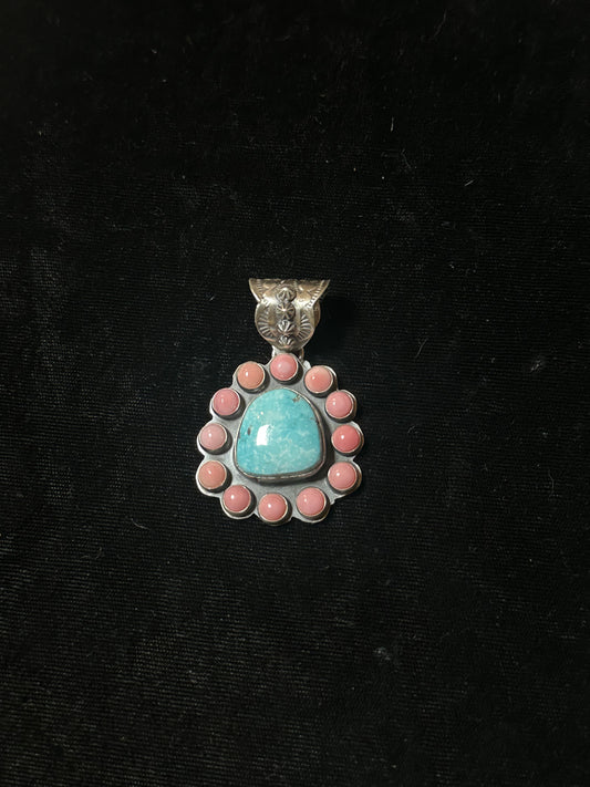 Sonoran Gold Turquoise And Pink Conch Shell Pendant By Ned Nez Navajo