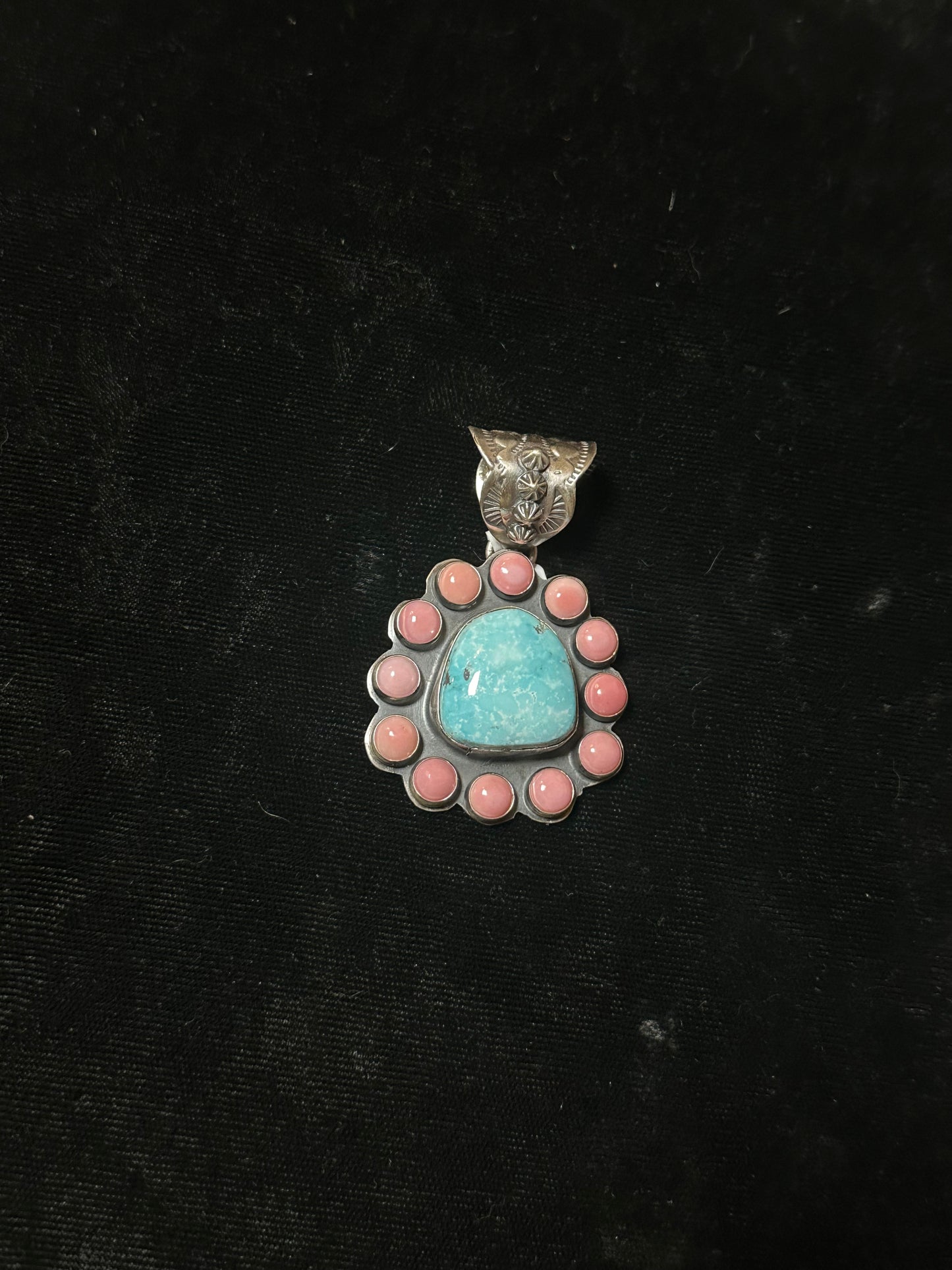 Sonoran Gold Turquoise And Pink Conch Shell Pendant By Ned Nez Navajo