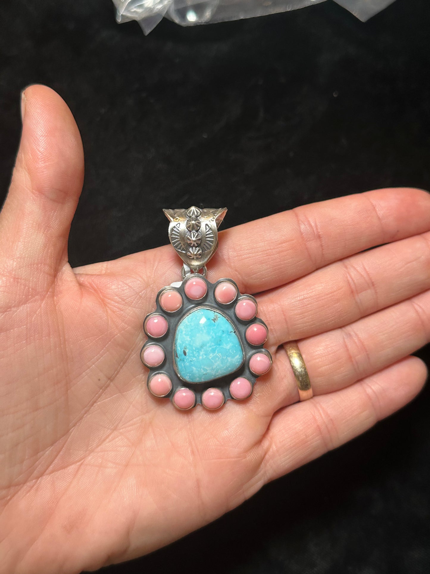 Sonoran Gold Turquoise And Pink Conch Shell Pendant By Ned Nez Navajo