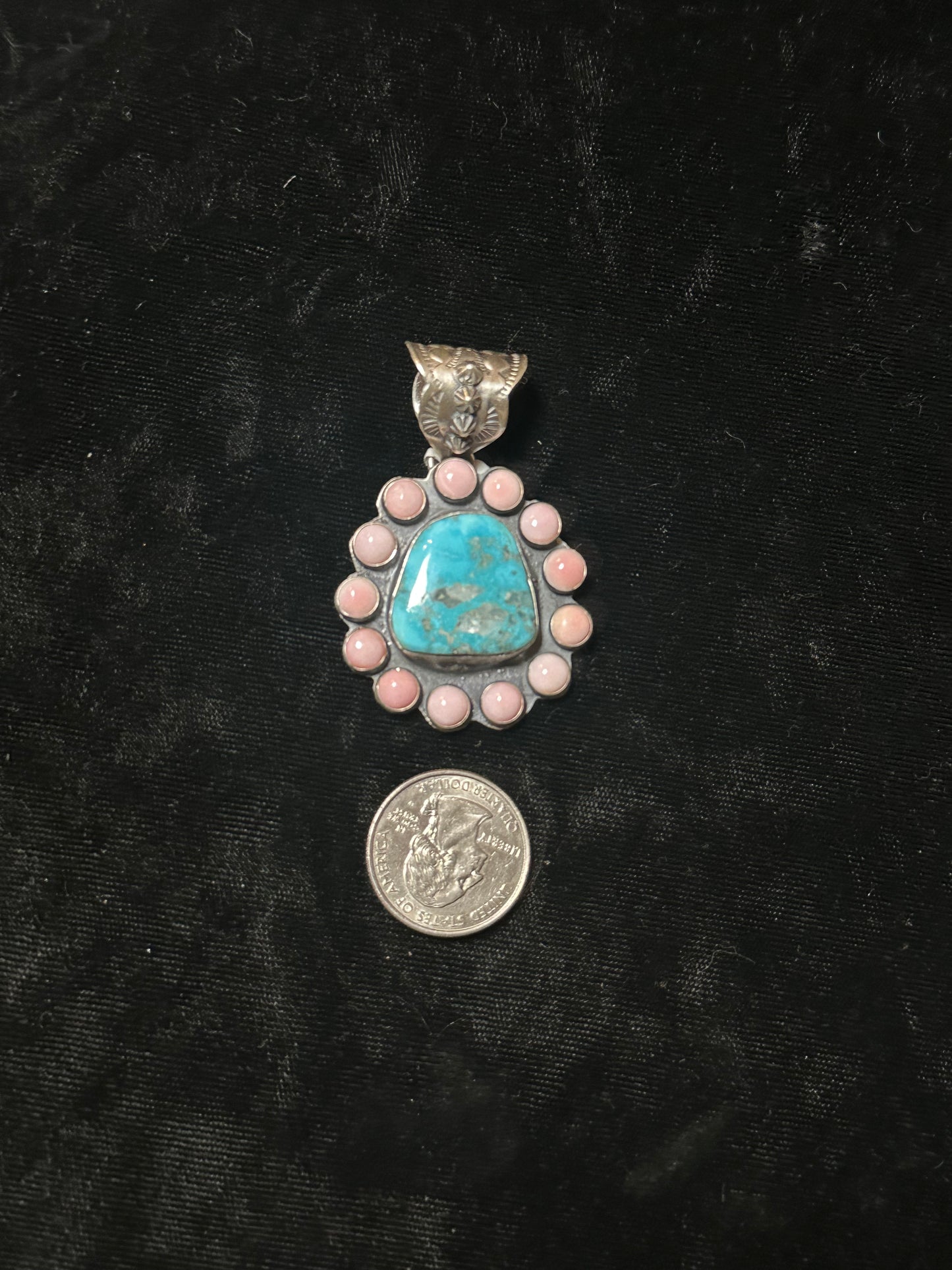 Sonoran Gold Turquoise And Pink Conch Shell Pendant By Ned Nez Navajo