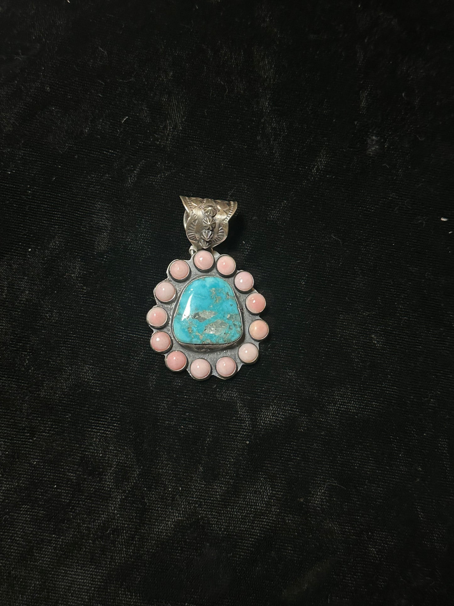 Sonoran Gold Turquoise And Pink Conch Shell Pendant By Ned Nez Navajo