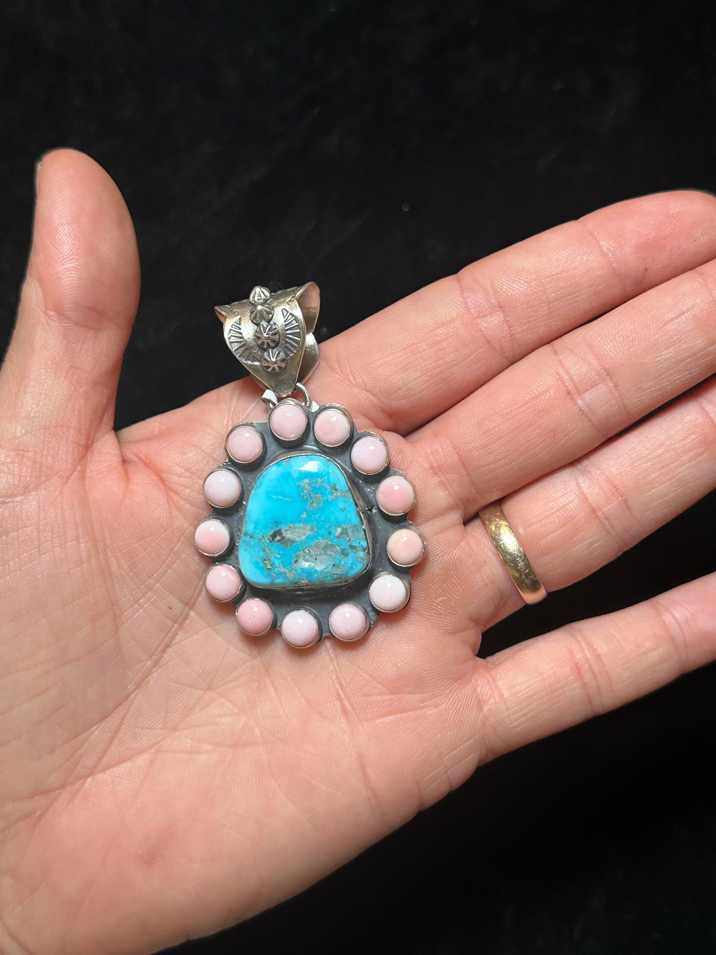 Sonoran Gold Turquoise And Pink Conch Shell Pendant By Ned Nez Navajo