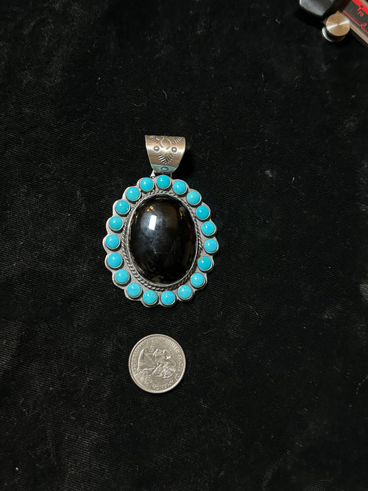 Black Onyx And Sleeping Beauty Turquoise Pendant By Steven Nez