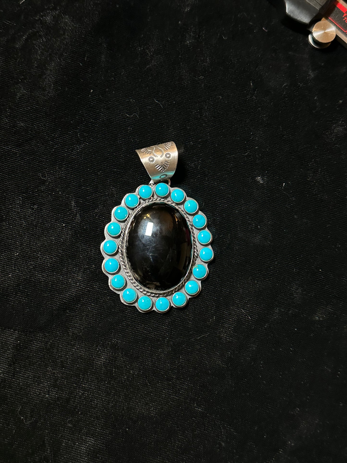 Black Onyx And Sleeping Beauty Turquoise Pendant By Steven Nez