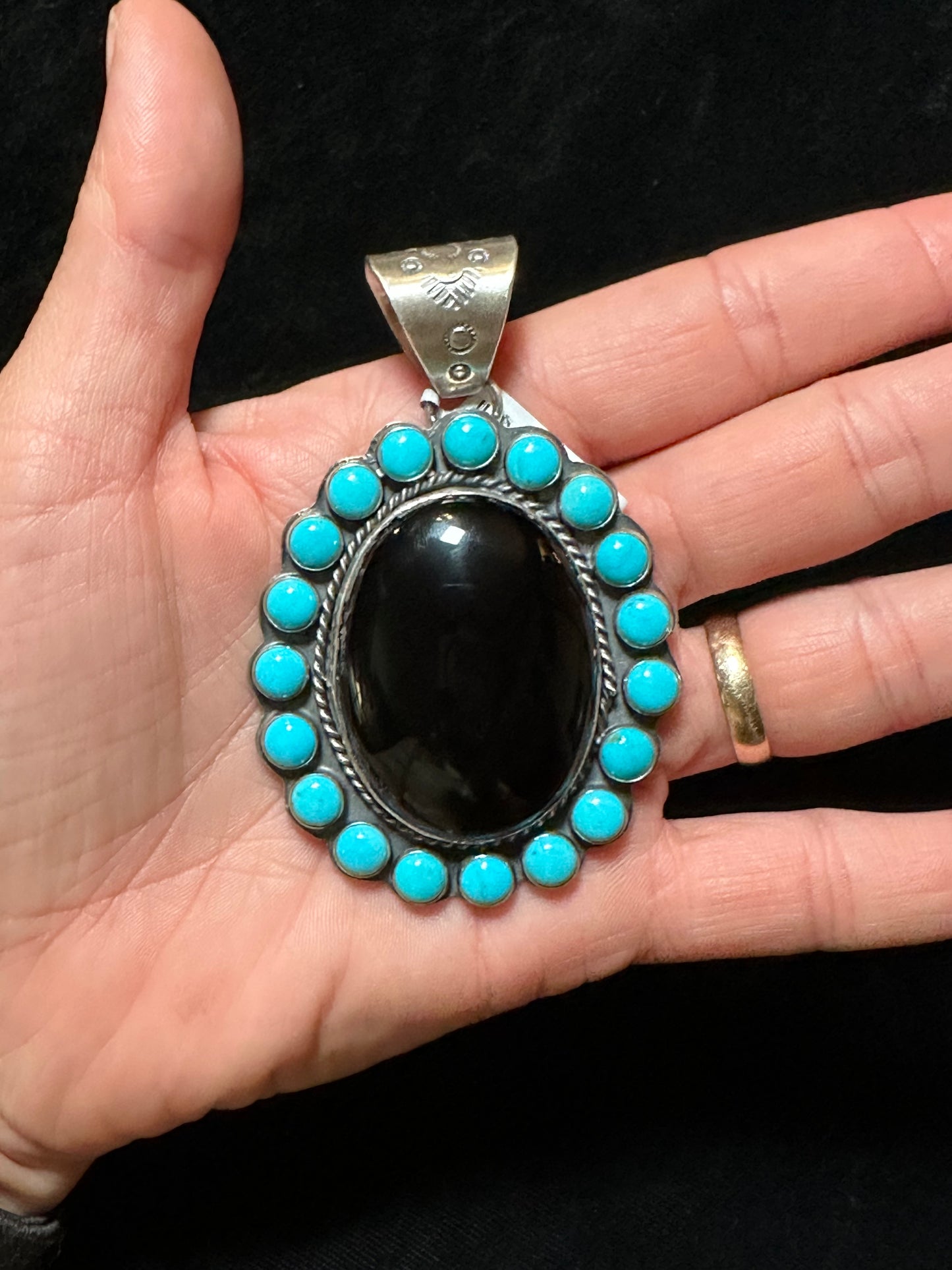 Black Onyx And Sleeping Beauty Turquoise Pendant By Steven Nez