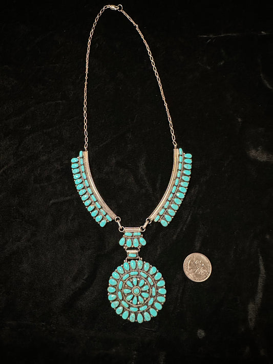 Vintage Turquoise Cluster Necklace by Julianna Williams, Navajo made (22” + 3” drop)