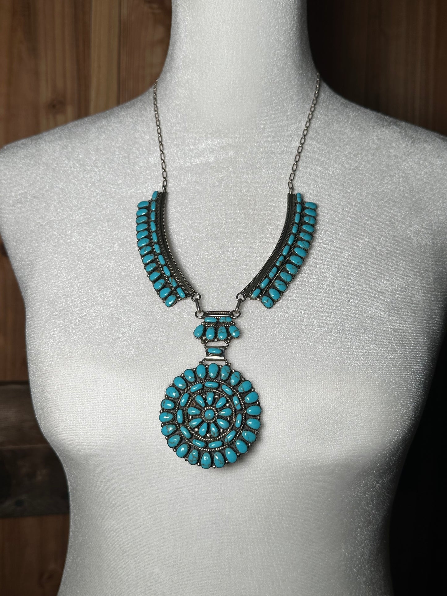 Vintage Turquoise Cluster Necklace by Julianna Williams, Navajo made (22” + 3” drop)