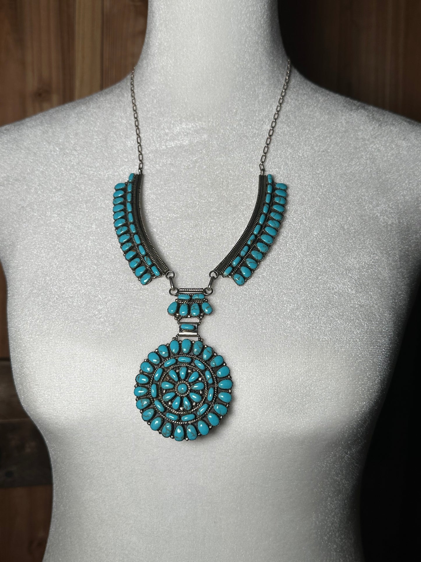 Vintage Turquoise Cluster Necklace by Julianna Williams, Navajo made (22” + 3” drop)