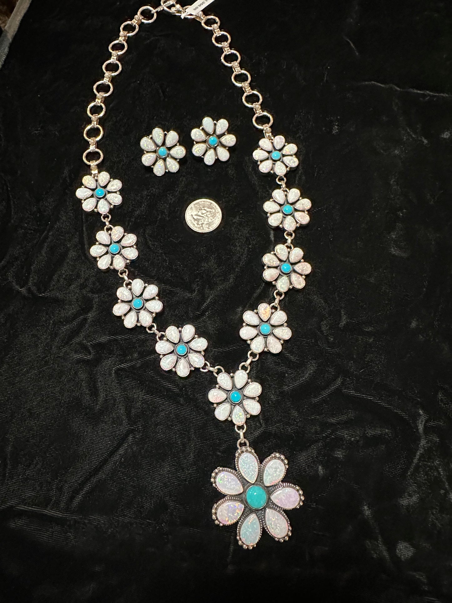 White Opal and Sleeping Beauty Turquoise Flower Lariat