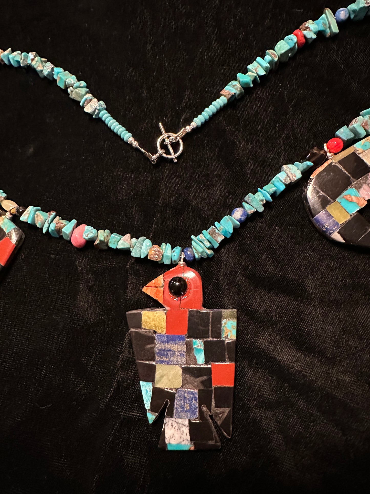 Turquoise, Lapis, Coral, Pipestone Jet carved 24” Necklace Santo Domingo