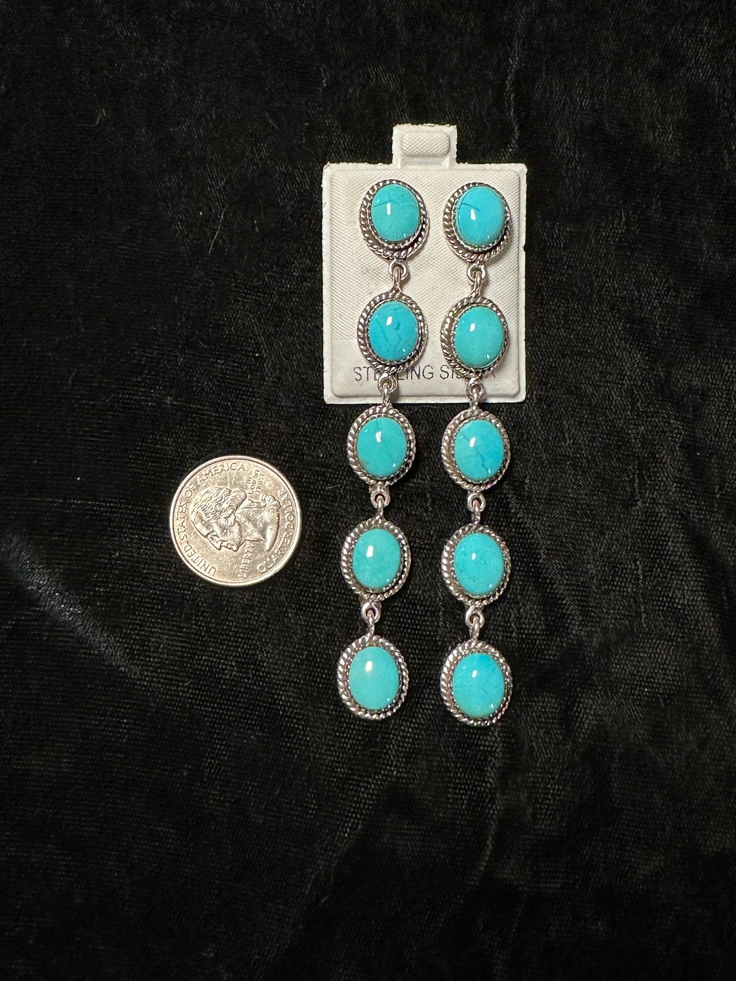 LOT 63 6/14 High Grade Kingman Turquoise Dangle Earrings (3.75" long, post at top)