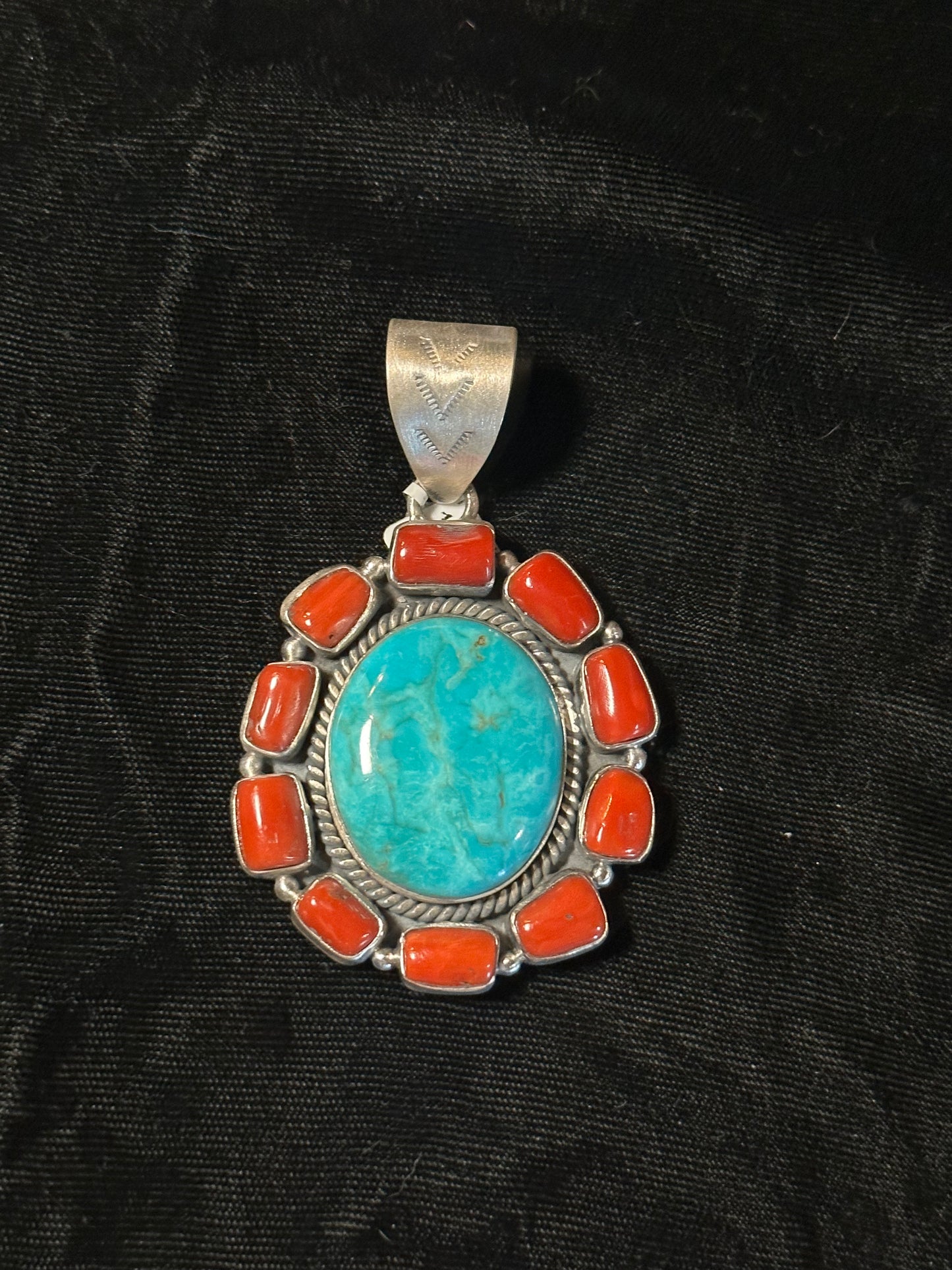 Kingman Turquoise and Red Coral Pendant by Thomas Yazzie (12mm bale)