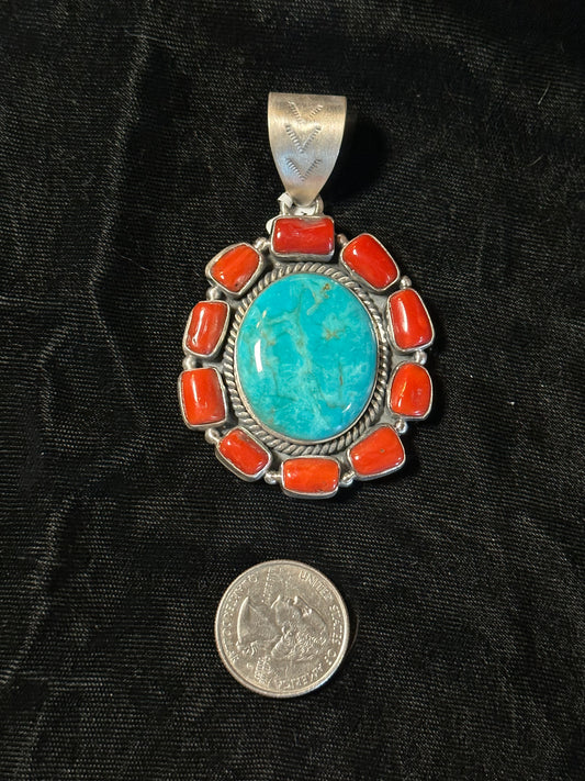 Kingman Turquoise and Red Coral Pendant by Thomas Yazzie (12mm bale)