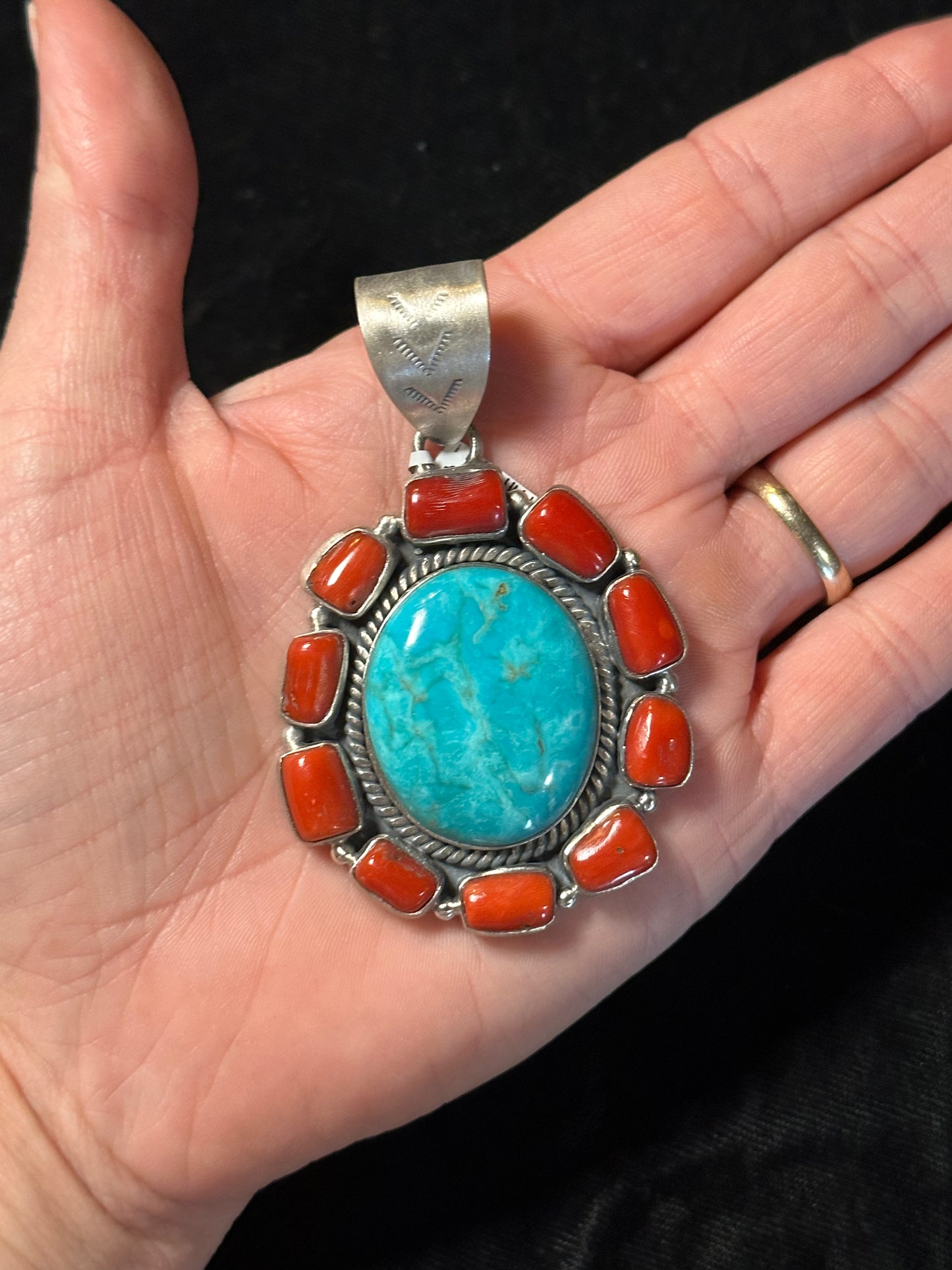 Kingman Turquoise and Red Coral Pendant by Thomas Yazzie (12mm bale)