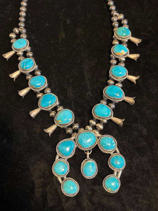 White Water Turquoise Squash Blossom by Gilbert Nez, Navajo