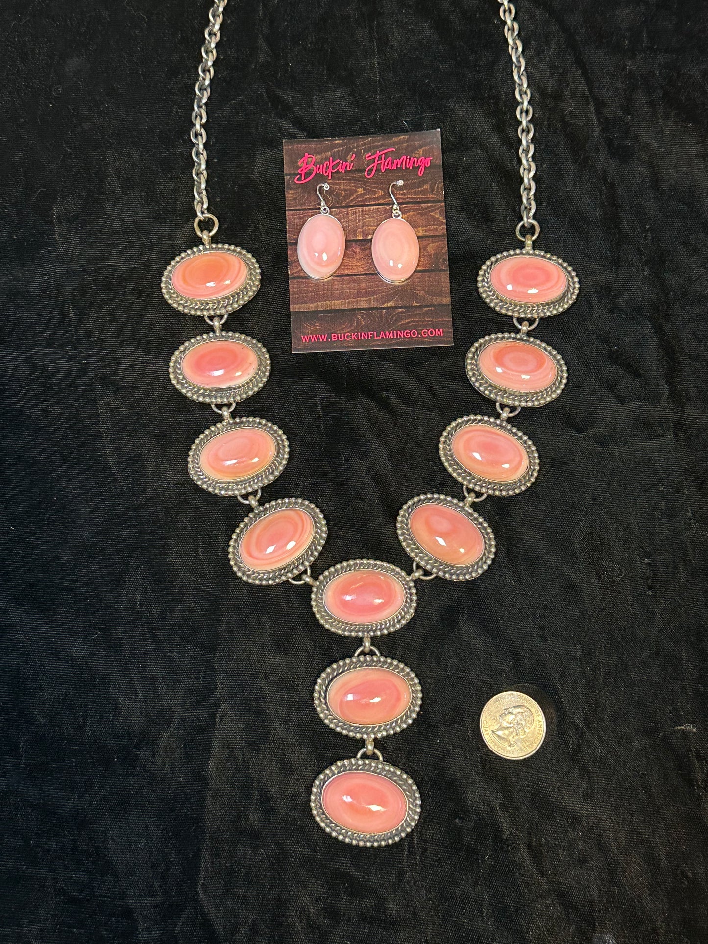 Pink Conch Shell Lariat Necklace with Earrings by Chimney Butte, Navajo