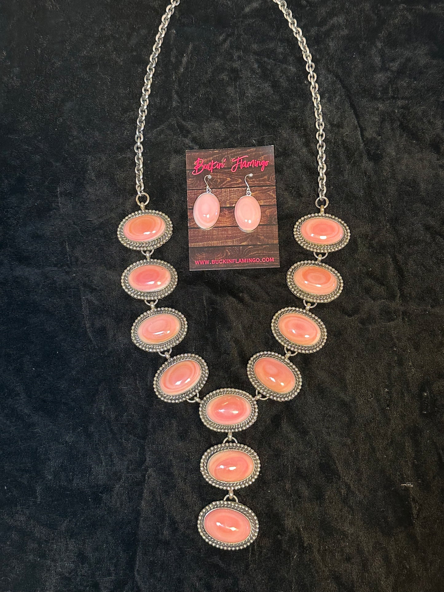 Pink Conch Shell Lariat Necklace with Earrings by Chimney Butte, Navajo