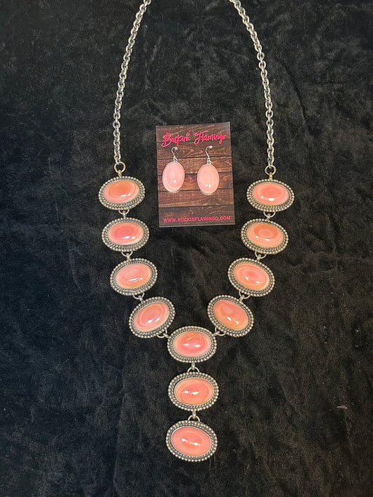 Pink Conch Shell Lariat Necklace with Earrings by Chimney Butte, Navajo