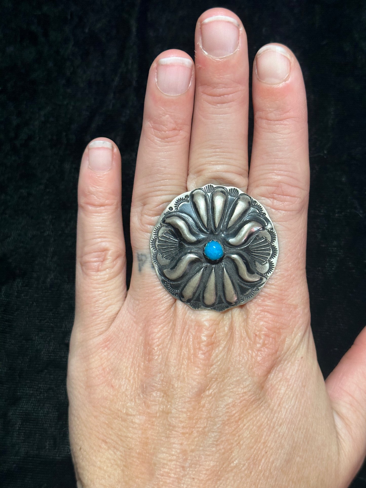 9.0 Concho Turquoise Ring by L. Tahe, Navajo