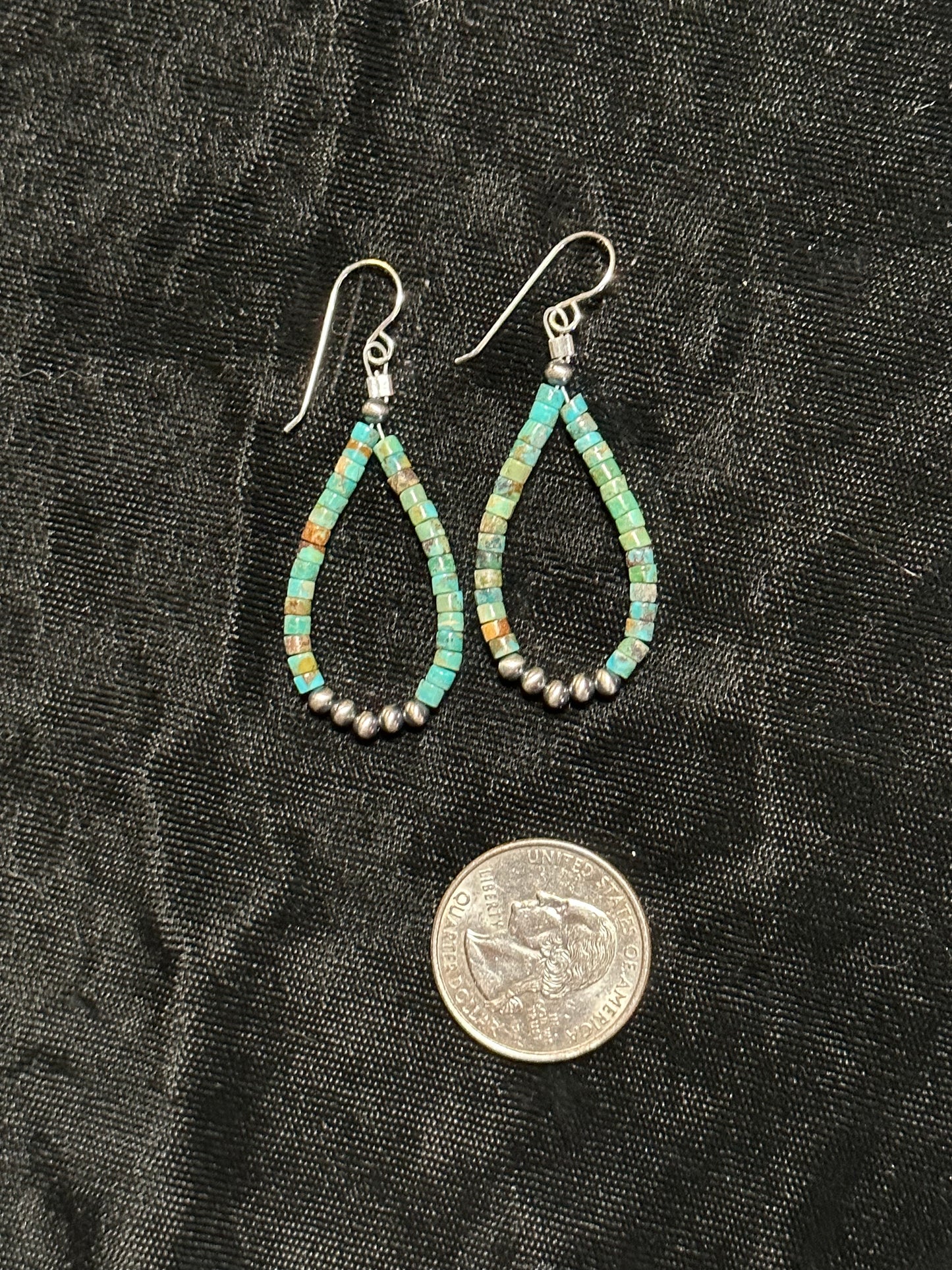 Turquoise Heishi Bead Teardrop Hoop Earrings with 3mm Silver Beads